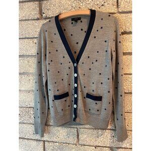 J. Crew Womens Gray Cardigan Sweater With Navy Star Pattern & Pockets - Size S